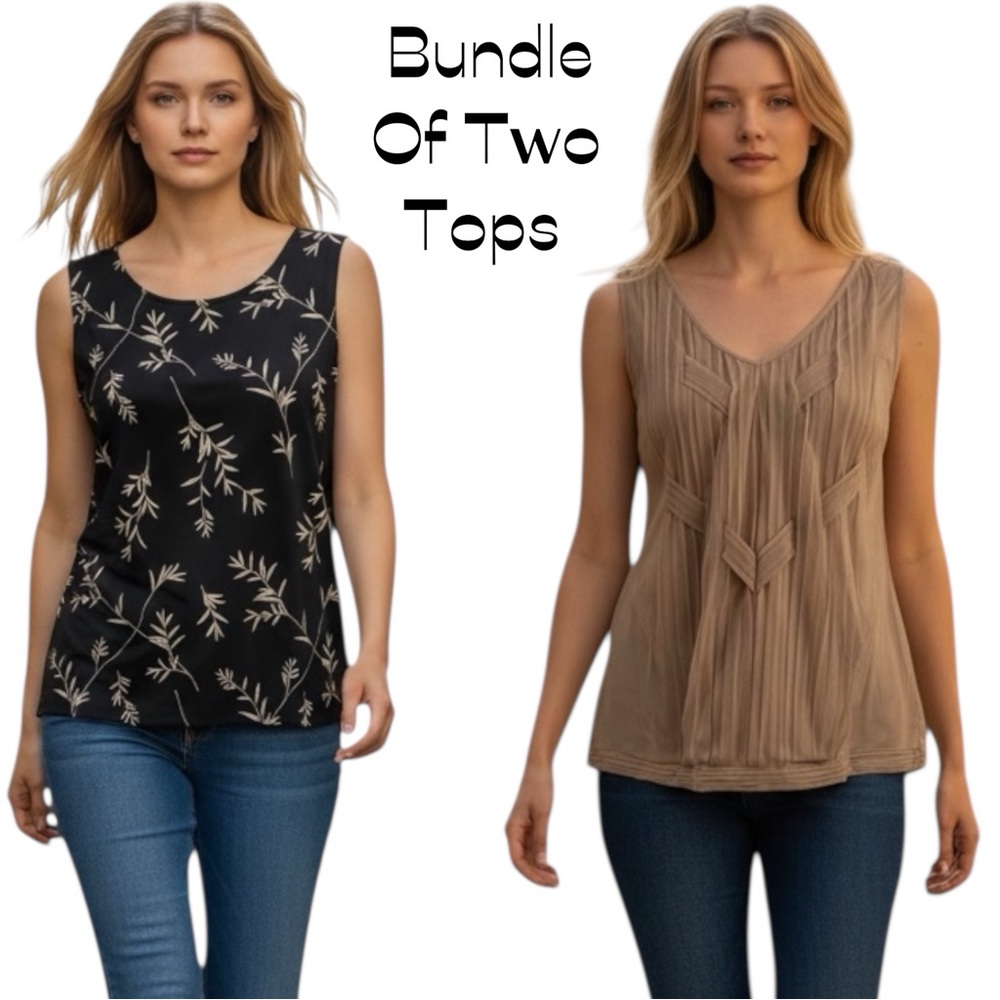Bundle Of Two Tops Black Tan Leaves & Sheer Tan NWOT Size L Coastal Grandma